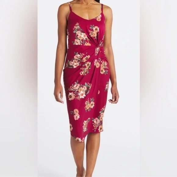 nine britton | Dresses | Nine Britton Vivienne Floral Side Knot Knit Midi  Dress Red Nwt | Poshmark